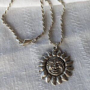 Sterling Set-Sun Face Pendant w 18" Italy 2mm Chain
